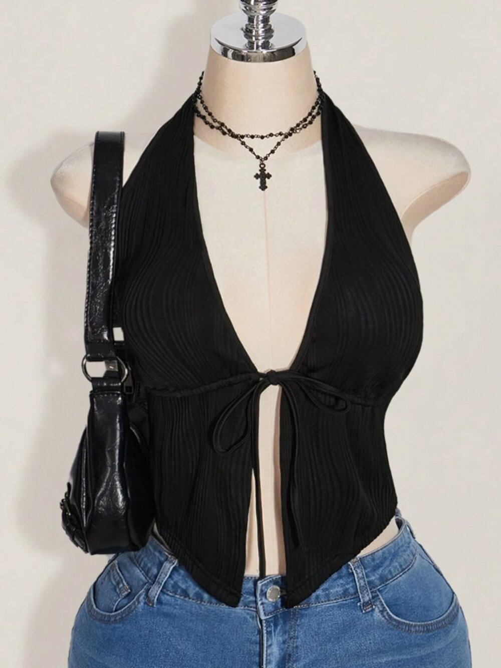 SHEIN ICON Plus Size Black Halter Tied Bow Backless Knit Top, Front Tie 2XL